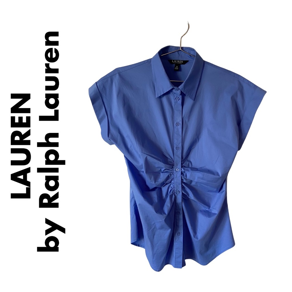 Lauren by Ralph Lauren Blue Shirred Stretch Cotton Shirt Size 10